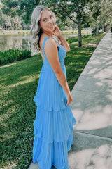 Beautiful A Line Sweetheart Blue Long Prom Dress with Ruffles