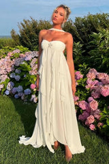 Beautiful A Line Sweetheart White Long Prom Dress with Ruffles Split Front