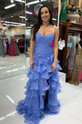 Beautiful Mermaid Sweetheart Blue Long Prom Dress with Ruffles