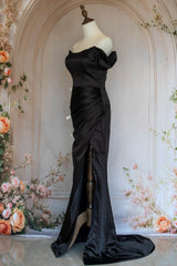Beauty Mermaid Off the Shoulder Black Long Prom Dress with Split Front