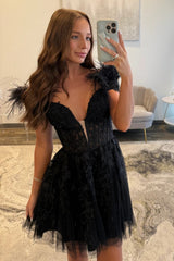 Black A-Line Feather Off The Shoulder Short Tulle Homecoming Dress with Appliques