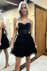 Black A-Line Spaghetti Straps Tiered Tulle Dress with Sequin Homecoming Dress