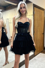 Black A-Line Spaghetti Straps Tiered Tulle Dress with Sequin Homecoming Dress