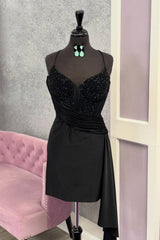 Black Beaded Spaghetti Strap Corset Mini Homecoming Dress with Draped Side Sash