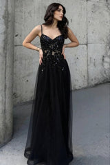 Black Beaded Spaghetti Straps A-Line Prom Dress with Sheer Bodice