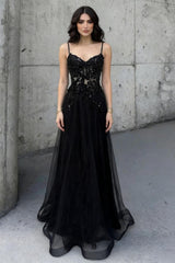 Black Beaded Spaghetti Straps A-Line Prom Dress with Sheer Bodice