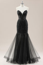 Strapless Black Mermaid Prom Dress with Beaded Detailing and Lace Up Back for Formal Evening
