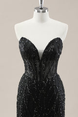 Strapless Black Mermaid Prom Dress with Beaded Detailing and Lace Up Back for Formal Evening