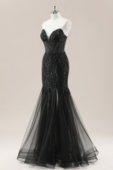 Strapless Black Mermaid Prom Dress with Beaded Detailing and Lace Up Back for Formal Evening