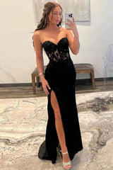 Black Chic Mermaid Prom Dress with Sweetheart Design Long Satin Skirt and Slit