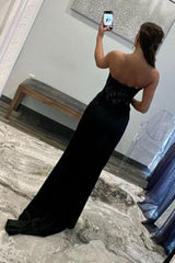 Black Chic Mermaid Prom Dress with Sweetheart Design Long Satin Skirt and Slit