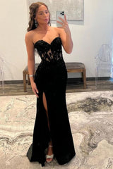 Black Chic Mermaid Prom Dress with Sweetheart Design Long Satin Skirt and Slit