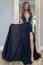Black Chiffon Gown with Deep V Neckline and Sparkling Beaded Slit Prom Dress