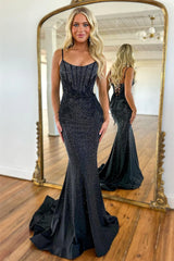 Black Glitter Beaded Mermaid Prom Dress with Spaghetti Straps and Lace-Up Back