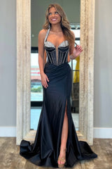 Black Mermaid Fit with Sweetheart Bodice Beaded Detail and Thigh Slit Prom Dress