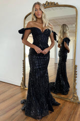 Black Off-Shoulder Sequin Mermaid Prom Dress with Bow Sleeves and Train