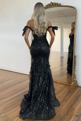 Black Off-Shoulder Sequin Mermaid Prom Dress with Bow Sleeves and Train