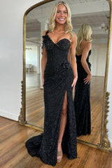 Black One Shoulder Beaded Corset Prom Dress with Floral Appliques and Chain Detail