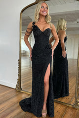 Black One Shoulder Beaded Corset Prom Dress with Floral Appliques and Chain Detail