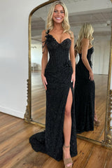 Black One Shoulder Beaded Corset Prom Dress with Floral Appliques and Chain Detail