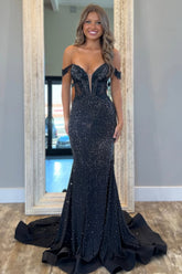 Black Plunging V-Neck Sheer Illusion Sparkle Mermaid Prom Dress