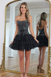 Black Rhinestone Corset Tiered Ruffle Homecoming Dress with Strapless Neckline
