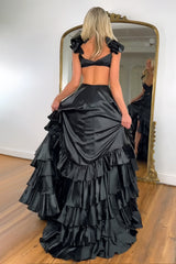 Black Ruffled Tiered Satin A-Line Prom Dress with Cutout Waist & V-Neck