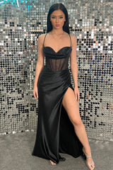 Black Satin Spaghetti Strap Lace Up Corset Prom Dress with High Slit