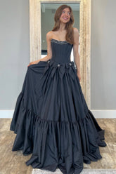 Black Satin Strapless Princess Prom Dress with Tiered Skirt and Bowknots