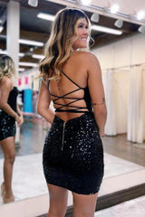 Black Sequin Homecoming Dress with Crisscross Back and Zipper Detail