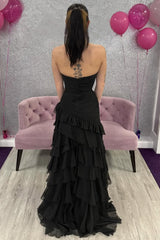Black Strapless Ruffled Mermaid Prom Dress with Tiered Chiffon Skirt