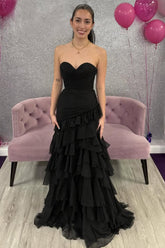 Black Strapless Ruffled Mermaid Prom Dress with Tiered Chiffon Skirt