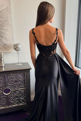 Black Strappy Sequin Lace Prom Dress with High Slit