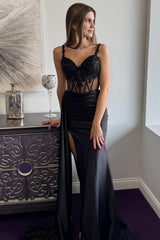 Black Strappy Sequin Lace Prom Dress with High Slit