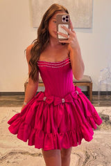 Pink A-Line Strapless Short Satin Homecoming Dress with Bowknot Detail