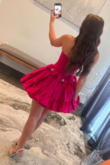 Pink A-Line Strapless Short Satin Homecoming Dress with Bowknot Detail