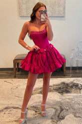 Pink A-Line Strapless Short Satin Homecoming Dress with Bowknot Detail