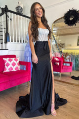 Black & Silver Strapless Structured Corset Top Beading Prom Dress with High Slit