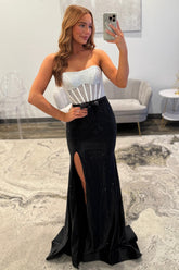 Sparkly Mermaid Sweetheart Black Corset Prom Dress with Split Front Beading