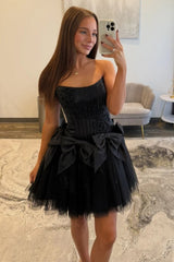 Black Strapless Corset Homecoming Dress with Tulle Skirt and Statement Bows
