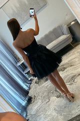 Black Strapless Corset Homecoming Dress with Tulle Skirt and Statement Bows