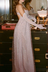 Bling A Line Spaghetti Straps Grey Blue Long Party Dress with Beading