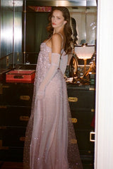 Bling A Line Spaghetti Straps Grey Blue Long Party Dress with Beading