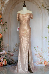 Bling Mermaid Off the Shoulder Champagne Sequins Long Prom Dress with Split Front