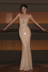 Bling Mermaid Spaghetti Straps Light Champagne Sequins Long Prom Dress