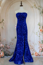 Bling Mermaid Strapless Royal Blue Sequins Long Prom Dress with Split Front