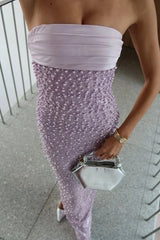 Bling Sheath Strapless Lilac Long Prom Dress with Pearls Slit