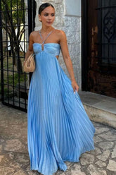 Blue A-Line Long Pleated Cutout Prom Dress with Spaghetti Straps