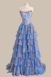 Strapless Blue Floral Corset Prom Dress Complete with an A Line Cut and Tiered Ruffle Skirt