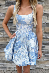 Blue Floral Jacquard Bubble Hem Homecoming Dress with Corset Bodice